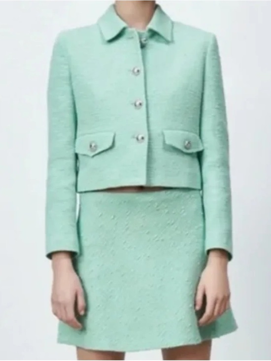 Zara Jackets & Blazers - ZARA Aquamarine Turquoise Teal Green Blue Textured Jacket Tweed Skirt Set Small